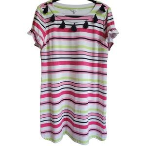 Crown & Ivy Pom Pom Boat Neck Short Sleeve Striped Shift Dress | Size Medium
